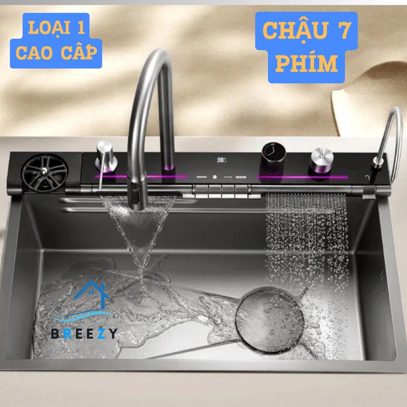 Chậu rửa chén/bát 7 phím 1 hố đa chức năng hiển thị nhiệt độ inox 304 - Breezy chaurua bat1ho