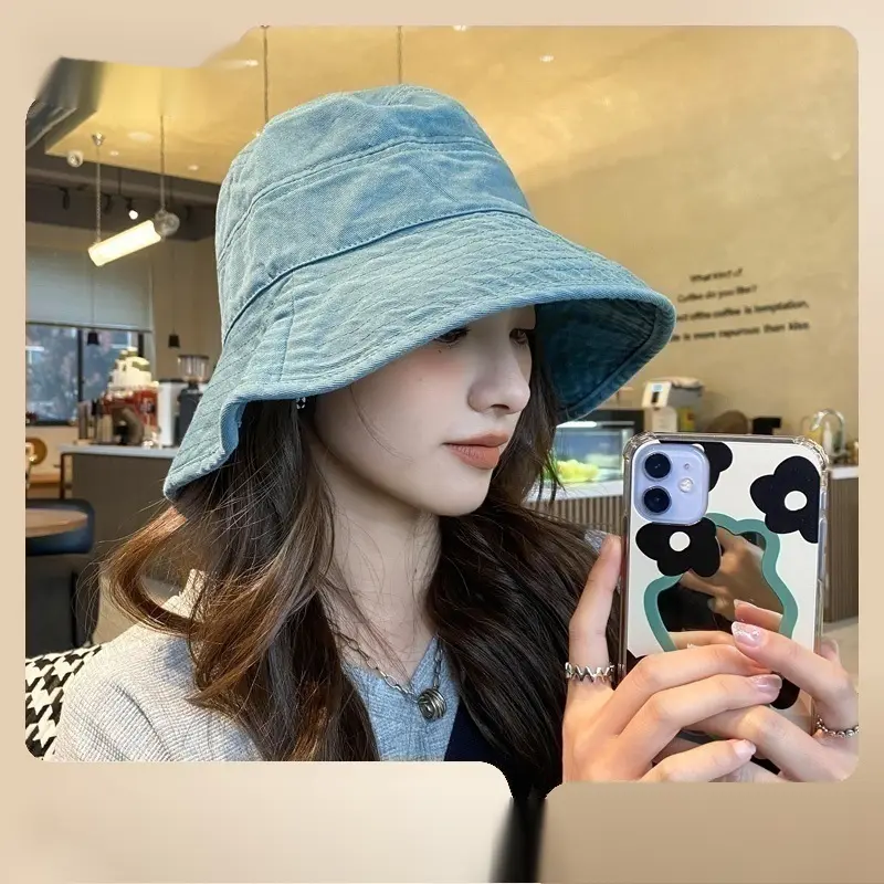 Wide Brim Denim Bucket Hat Women's Face-Looking Small Summer Sun-Proof Big Brim Hat Spring and Summer Sun Japanese Style round Face Tide