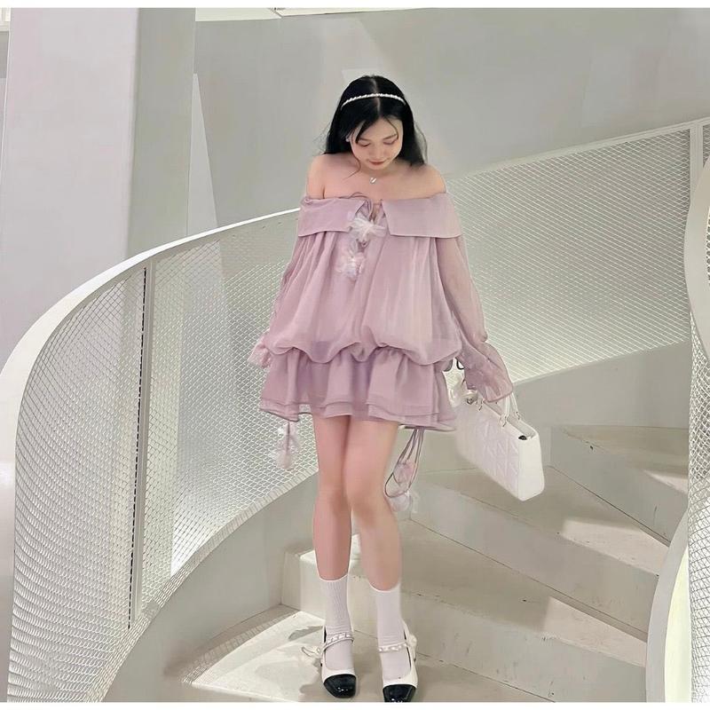 M902 - Đầm bồng trễ vai tay dài bo chun eo, đầm trễ vai voan bèo 5