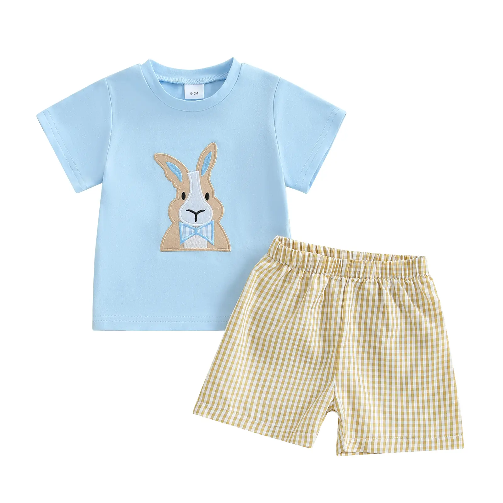 Baby Toddler Boy Easter Outfit Bunny/Cross Short Sleeve T-shirt Plaid Shorts 2 Piece Summer Set