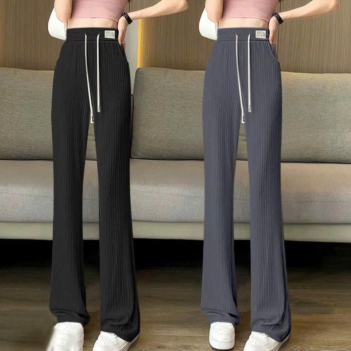  Quần Ống Rộng Nữ Dáng Suông Chất Vải Tăm Thái Đứng Dáng Cạp Chun Lưng Cao Có Dây Rút 