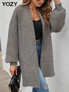 YOZY Women's Colorblock Jacquard Bishop Sleeve Cardigan, Casual Long Sleeve Open Front Outerwear for Fall & Winter, Ladies Clothes for Daily Wear