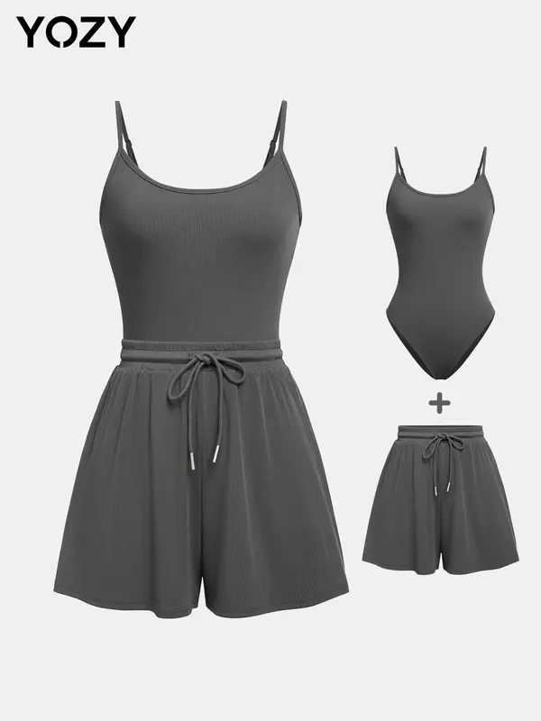 YOZY Adjustable Strap Cami Bodysuit & Drawstring Wide Leg Shorts Set, Casual Round Neck Sphaghetti Strap Bodysuit & Elastic Shorts Set, Back to School Women's Wear for Summer, Travel 6