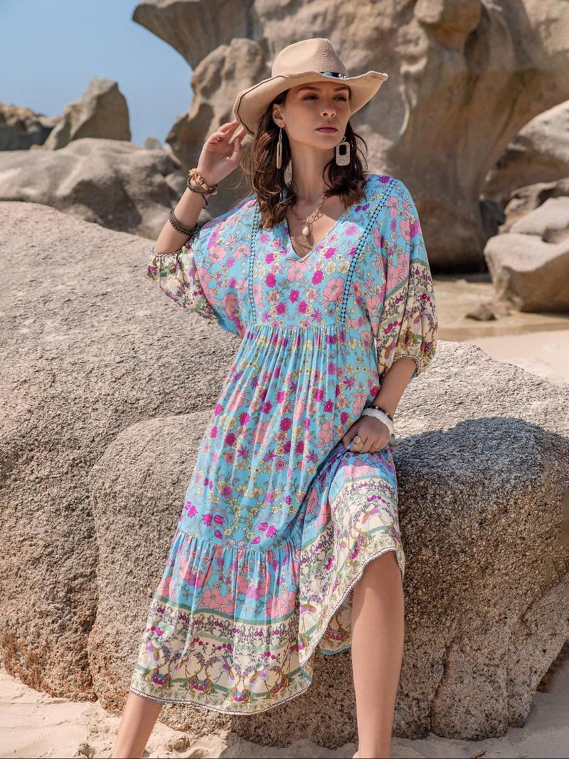 Product Introduction of Women's Floral Print V Neck Dress, Boho Fashion Half Sleeve Dress for Beach Holiday Vacation, Ladies Dress for Summer 1