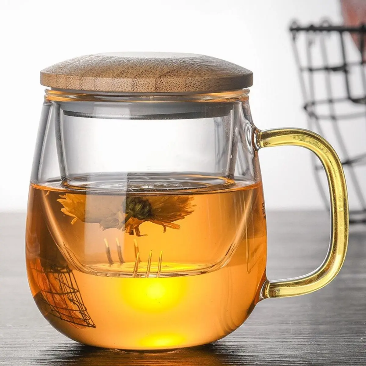 Gelas Teh Saringan Cangkir Teh Infuser Filter Gelas Herbal Tutup Kaca Dan Kayu Dengan Penyaring