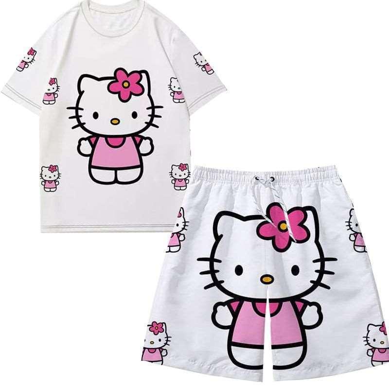 Bộ Đồ Ngắn, HELLO HELLO HELLO HELLO HELLO HELLO Thiết Kế Hình Kitty, Dành Cho Nam Và Nữ, Thời Trang, Thích Hợp Mặc Cặp Đôi, Quần Soóc Đi Biển, Năm 2024 2