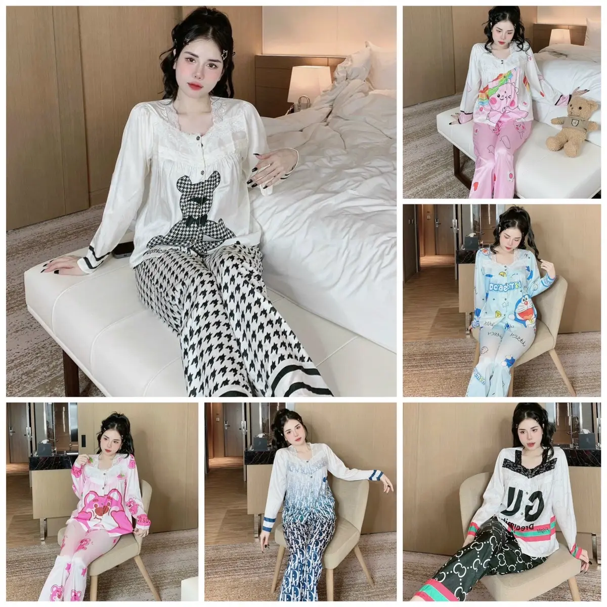 Đồ ngủ đồ bộ pizama tay dài lụa xước dưới 62kg cổ vuông phối ren Mon xanh và nhiều hoa tiết khác