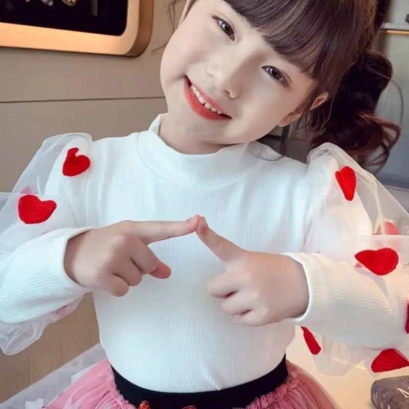 Quần Áo Mùa Thu Và Mùa Đông Cho Bé Gái, Áo Sơ Mi Lớp Nền, Tay Phồng Và Lưới, Tay Phồng, Áo Thêu Tình Yêu, Thích Hợp Cho Trẻ Em, Áo Sơ Mi Lớp Nền 0