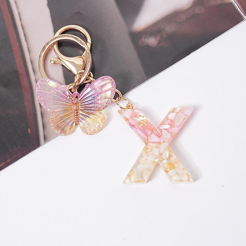 Product Introduction of [QQQ]Pink Dream Butterfly 26 Letters A To Z Resin Keychain 26 Initials White Stone  Leaf Pendant Keyring Backpack Charm Bag Decor 38