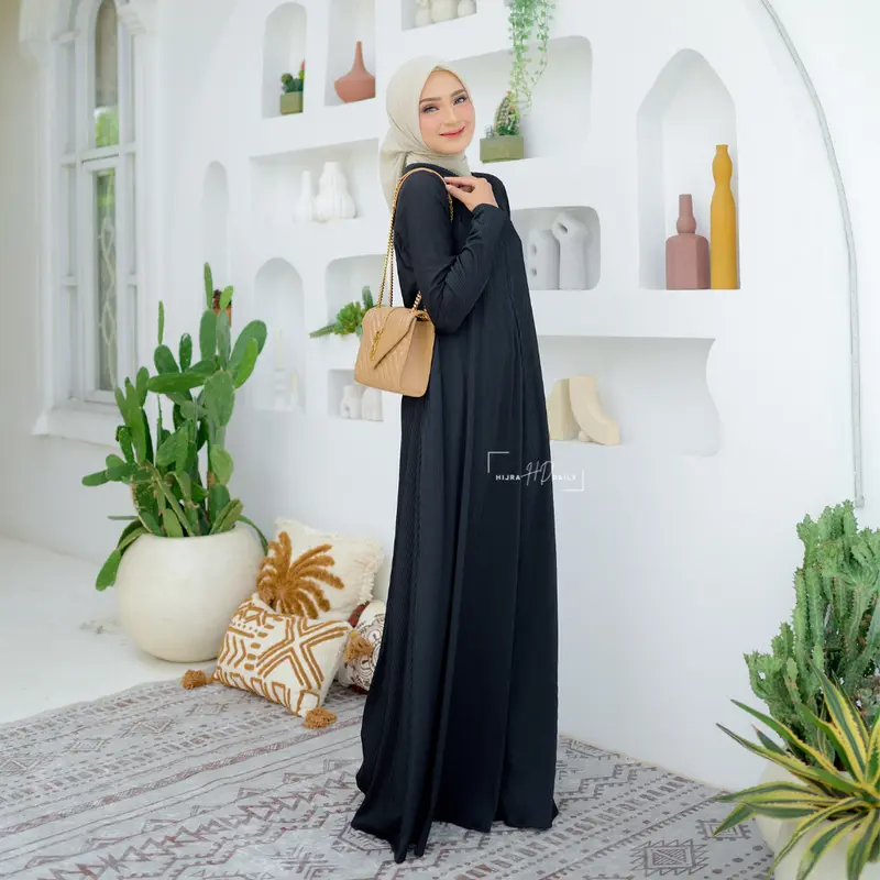HAMEEDA DRESS PLEATS PREMIUM Cantik Mewah Muslim Panjang Wudhu Linen Pink Mocca Gamis Basic Simple Wanita 1