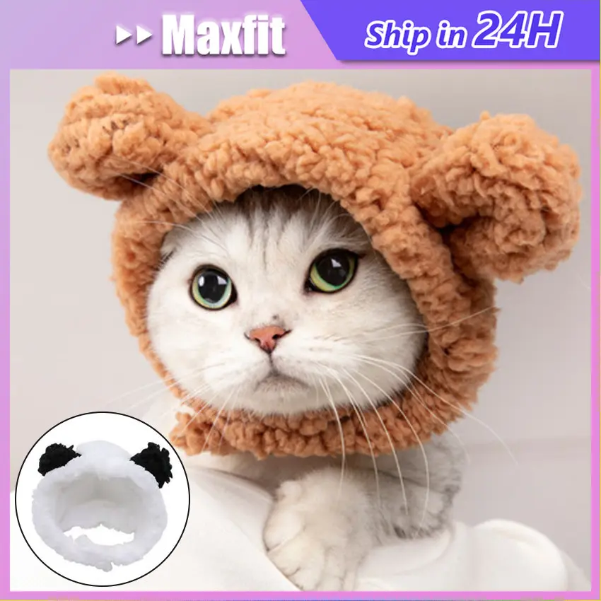 Topi Cosplay Anjing Kucing Lucu / Animal Hat Karakter Hewan Imut / Aksesoris Kostum Foto Hewan Peliharaan / Bando Topi Plush Bear Headgear untuk Cat Dog