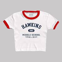 Gambar Seishin Kaos Crop Top Ringertee Hawkins 1983 Middle school T-shirt wanita lengen pendek Atasan - Putih lis maron, S dari SEISHIN_NEW Kab. Cirebon 2 Tokopedia