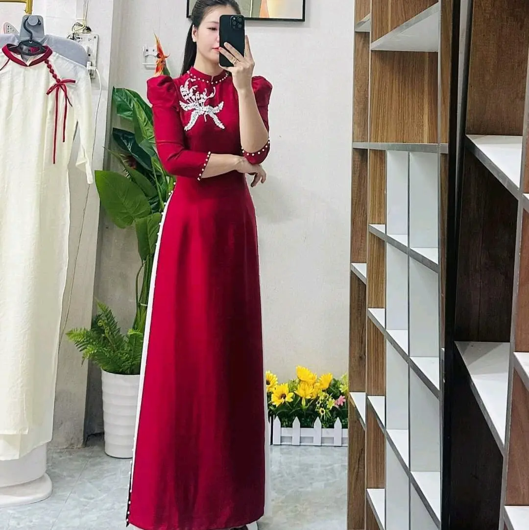 Đ&M61_ Áo Dài Truyền Thống thêu kết Linh Lam tỉ mỉ, Tay bồng & viền cổ tay tà bằng viên ngọc trai