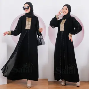 Abaya Gamis Dubai 255 Hitam Bahan JetBlack Kombinasi Dress Sifon muslim wanita turki  syari  bordir maxi arab  dewasa umroh remaja Lebaran Mewah Pesta - Dubai 255