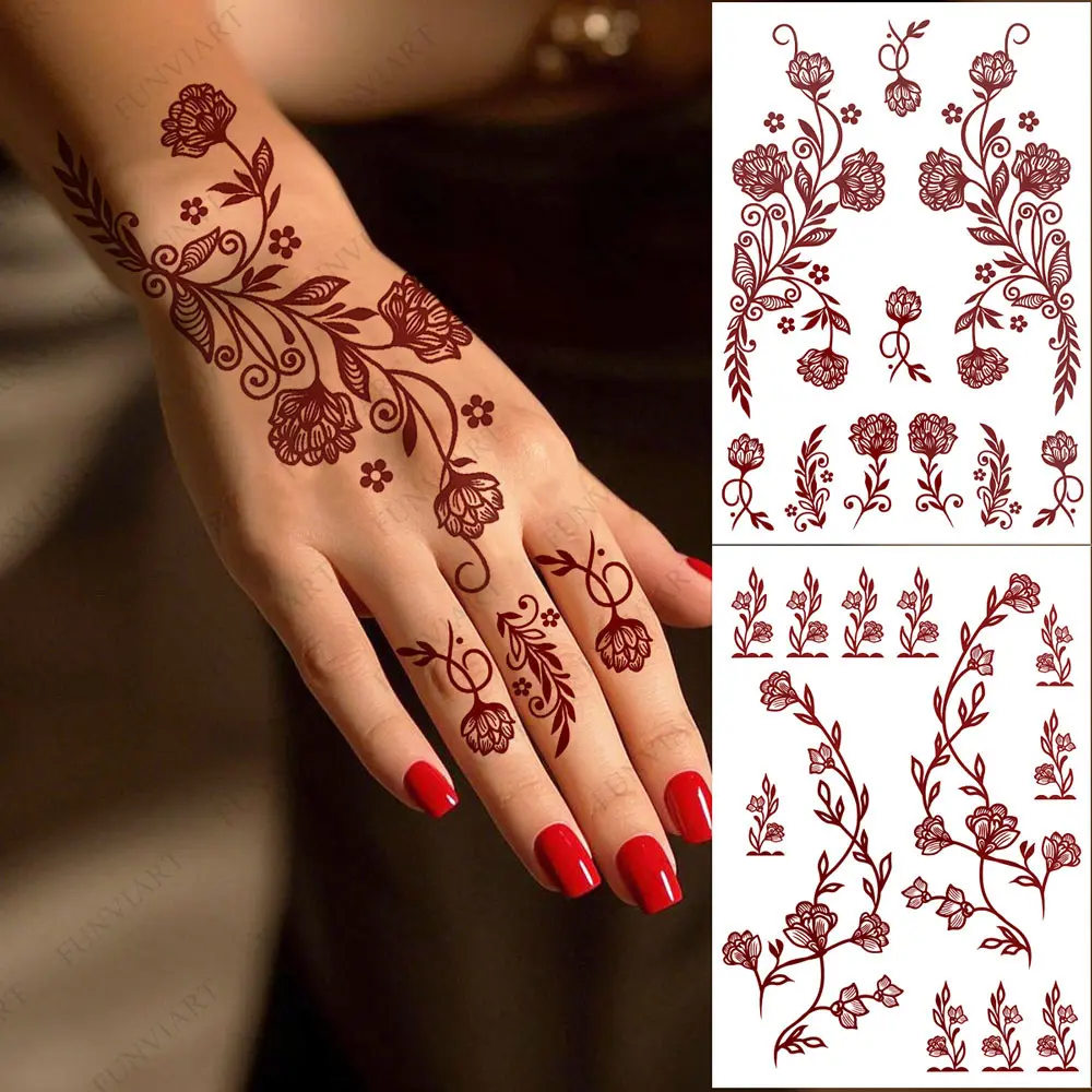 Henna Tattoos for Hand Maroon Brown Flower Leaf Pattern Tattoo Sticker for Women Bride Hand Foot Body Decor Temporary Fake Tattoo