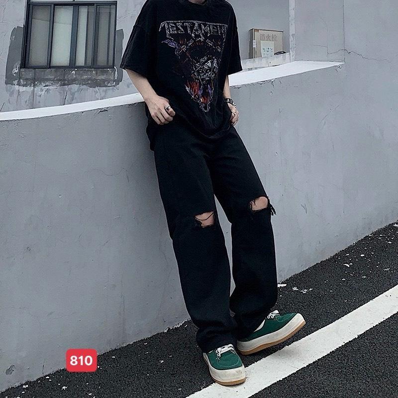 Quần baggy jean nam ống suông đen rách gối cao cấp- chất denim HNH store 68 m810