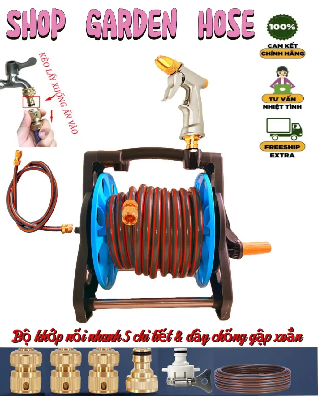 Bộ vòi phun tưới cây YuanYiba dây dài từ 10 mét đến 35 mét, dây 3 lớp, khung rulo cuộn tay rất dễ dàng sử dụng