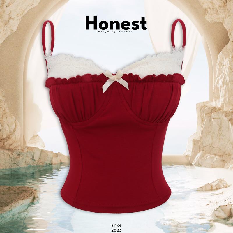 Áo dây CÚP ĐỎ ngực phối ren sexy đính nơ xinh đẹp chất thun co dãn mát mẻ có mút kín đáo - Honest Nữ Women Top Viền Ren Cup