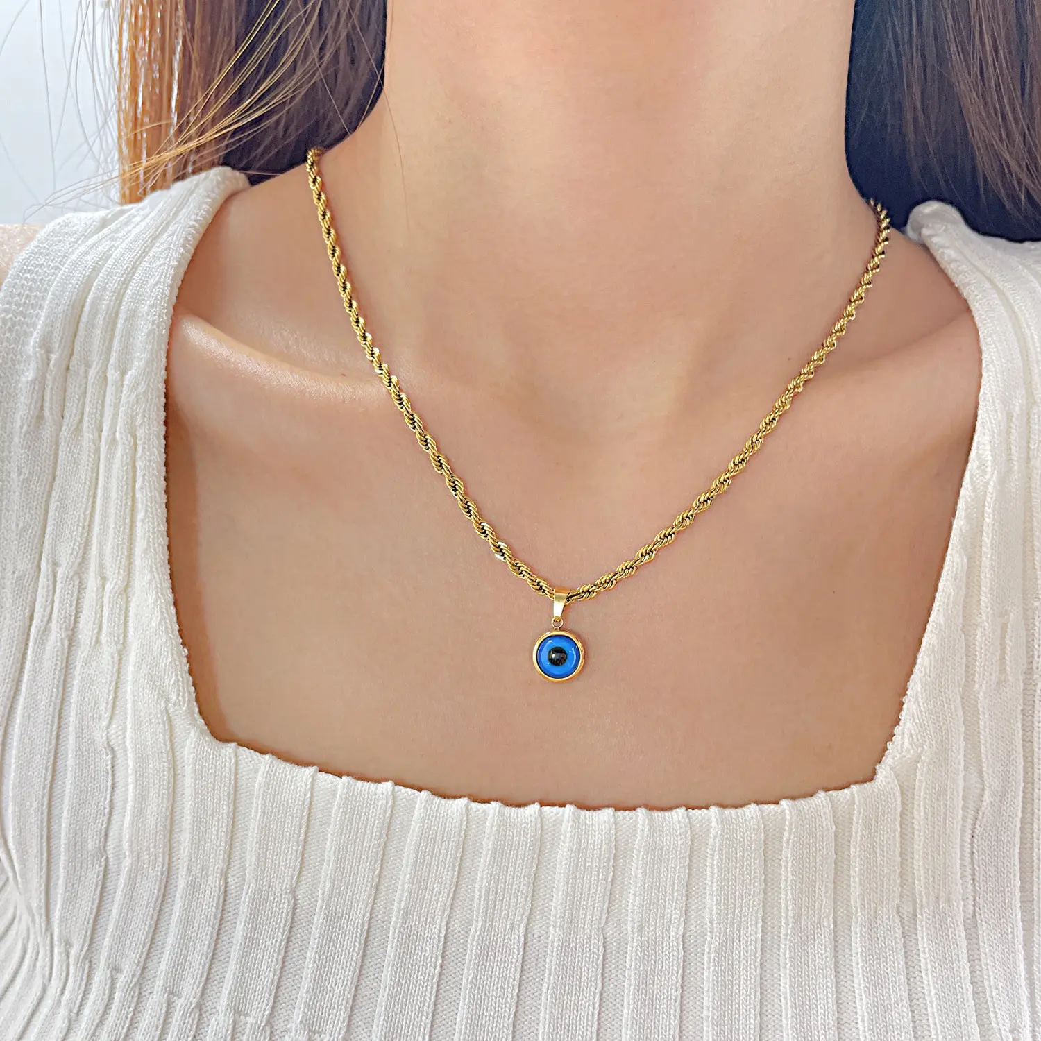 New blue color evil eye protection necklace for women men stainless steel pendant jewelry unisex pretty necklace gift for girlfriend Non-Tarnish EvilEye Dainty Elegant Necklace