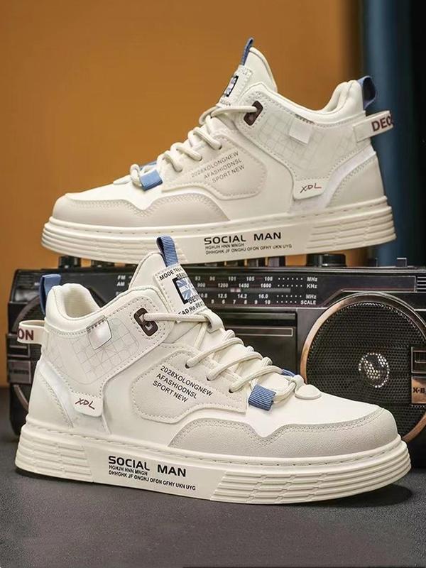 Men's Casual Letter Patched Design Lace-up Front High Top Sneakers, 1 Pair Fashion Comfortable PU Leather Skate Shoes for Daily Life, Patched Design Walking Shoes 5