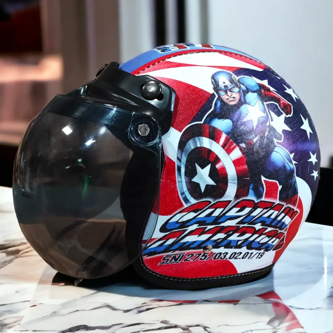 Helm Bogo Anak Retro Karakter Captain Amerika SNI untuk Laki laki Perempuan Usia 2-6 Tahun Dengan Kaca Cembung Helmet Motorcycle