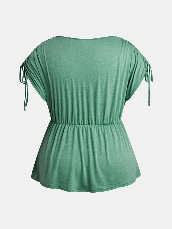 CURVZY Plus Size  Ruched Drawstring Tee, Casual Batwing Sleeve Peplum T-Shirt, Women's Plus Clothing for Summer Daily Wear 3