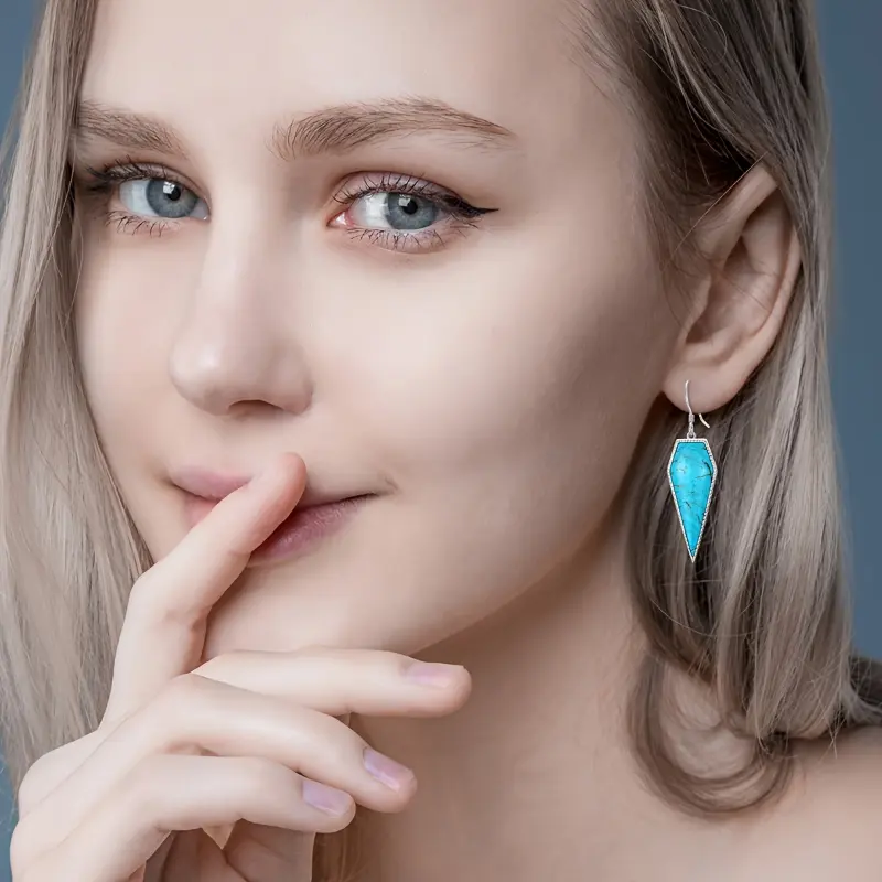 ZHENG make Natural Turquoise Earrings for Women 925 Sterling Silver Geometric Long Statement Fashion Dangle Earring Birthday Mothers Day 5