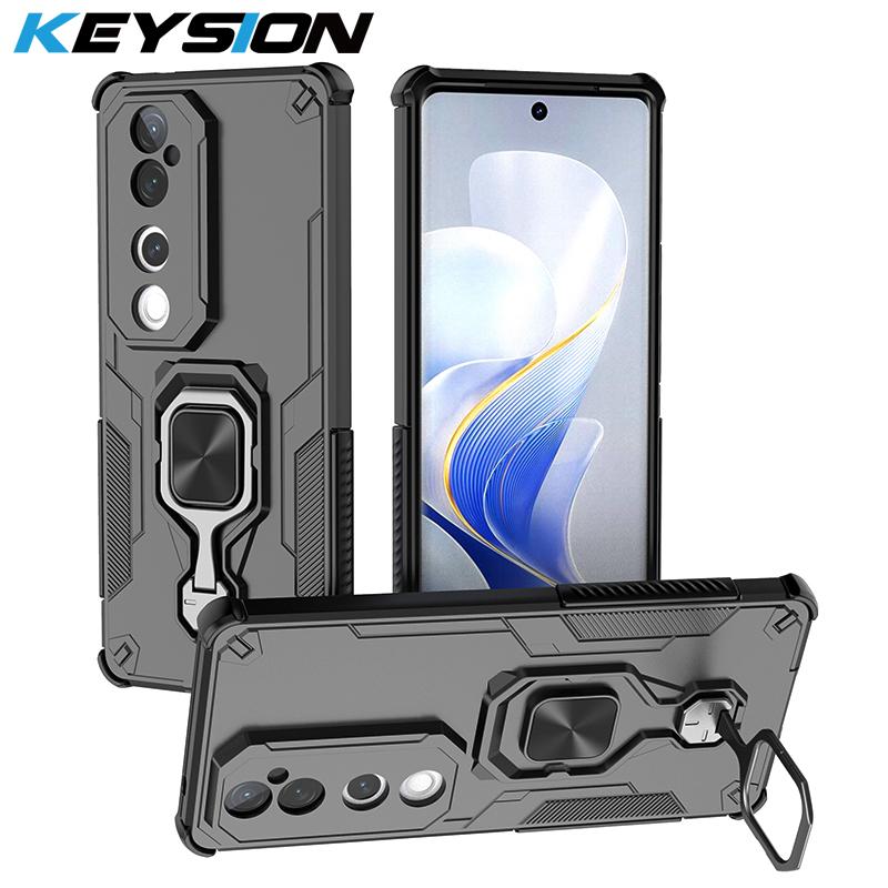 เคสเกราะกันกระแทก, KEYSION, สำหรับ VIVO V40 Pro 5G, วัสดุซิลิโคนนิ่มและ PC, ขาตั้งแหวนโลหะตั้งตรง, เ