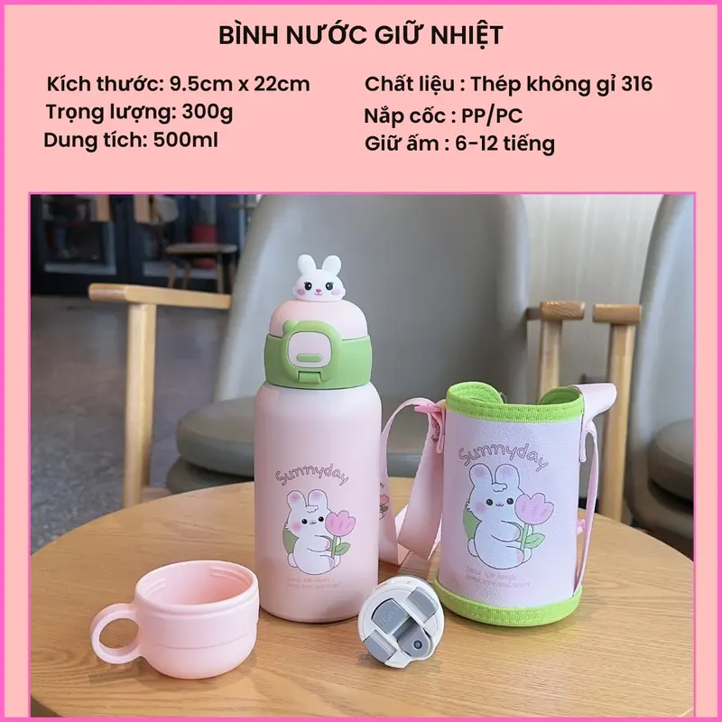 Bình nước giữ nhiệt trẻ em đi học INOX 316 500ml dễ thương đáng yêu cute có dây đeo tặng kèm sticker 2D, 3D BBG0722 binh giu 3