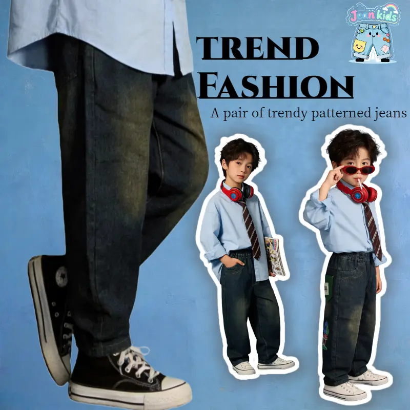 Jeankids】Cool Graphic Kids Denim Pants Boys Elastic Waist Durable