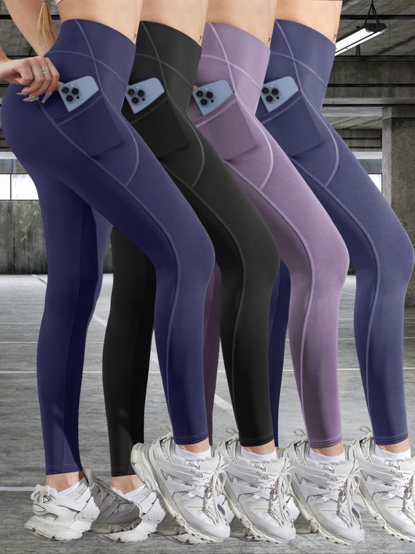 Women's Solid High Waist Sports Leggings, Casual Comfy Breathable Skinny Pants for Yoga Gym Workout Running, Ladies Sportswear for Summer, Gym Clothing, Activewear, Leggings Pockets 0