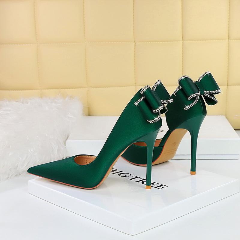 626-H36M European and American Style Banquet High Heels Stiletto High Heels Shallow Pointed Toe Side Cutout Rhinestone Back Bowknot Single Shoes kitten  heels 1