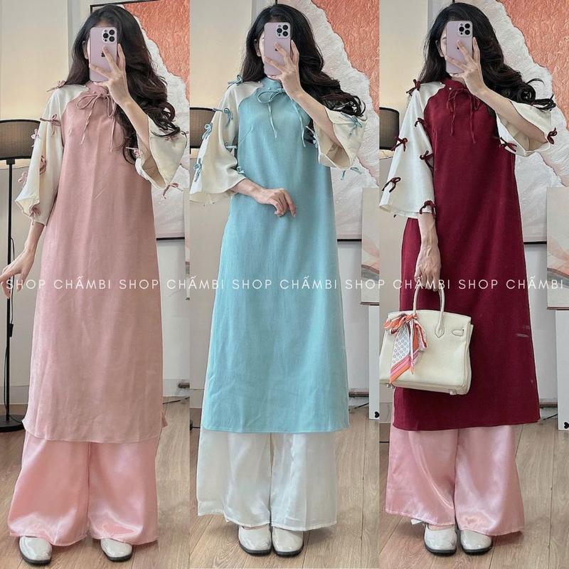 Set áo dài nữ S.218 Set áo dài cách tân cổ tàu viền ngọc tay lửng đính nhiều nơ dễ thương - Shop Chấm Bi