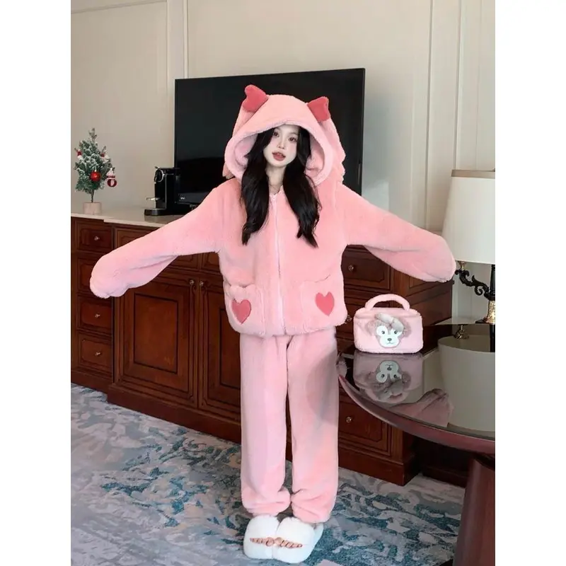 Bộ Đồ Ngủ Nhung San Hô, Dành Cho Nữ, Hàng Mới Về Cho Mùa Thu Và Mùa Đông, Lót Lông Cừu Dày Dặn, Phong Cách Cô Gái Thịnh Hành Có Túi Tình Yêu Thích Hợp Mặc Nhà, Bộ Đồ Đi Chơi 0