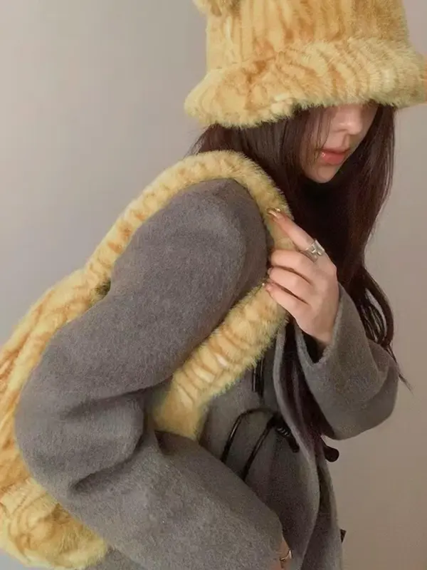 Cute Bear Ear Design Hat & Scarf & Bucket Bag Set, Casual Plush Tiger Pattern Hat & Scarf & Bag Set for Women & Men, Fashion Accessories for Daily Wear 2