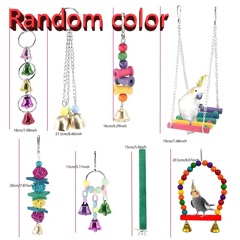 Product Introduction of Random Color Wooden Parrot Swing Toy Set, 6/12pcs Colorful Ladder & Swing & Bell & More Toy Set, Suitable for Small and Medium-sized Parrots, Pet Supplies 1