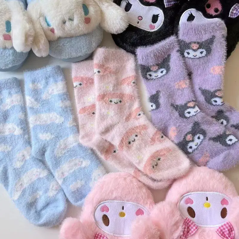 Tất Len Lông Chồn Sanrio Kuromi Mymelody Cinnamoroll, Dễ Thương Kawaii, Tất Đi Trong Nhà Cho Nữ, Giữ Nhiệt, Quà Tặng Giáng Sinh Cho Bé Gái