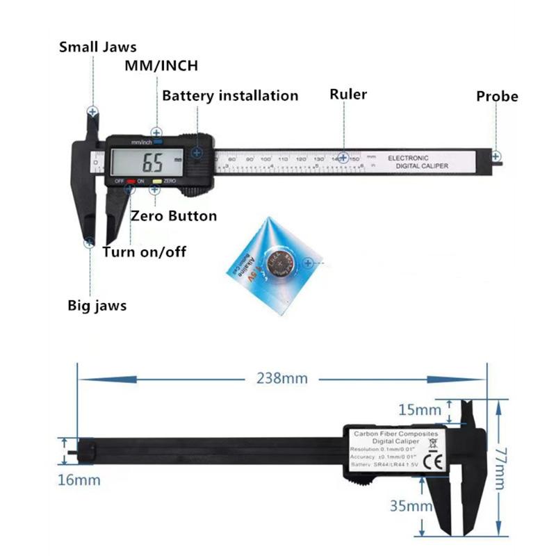 New 150mm Electronic Digital Caliper LCD Screen Conversion in Inches and Millimeters Carbon Fiber Dial Vernier Caliper Plastic Gauge Depth Gauge Micrometer Measuring Tool 2