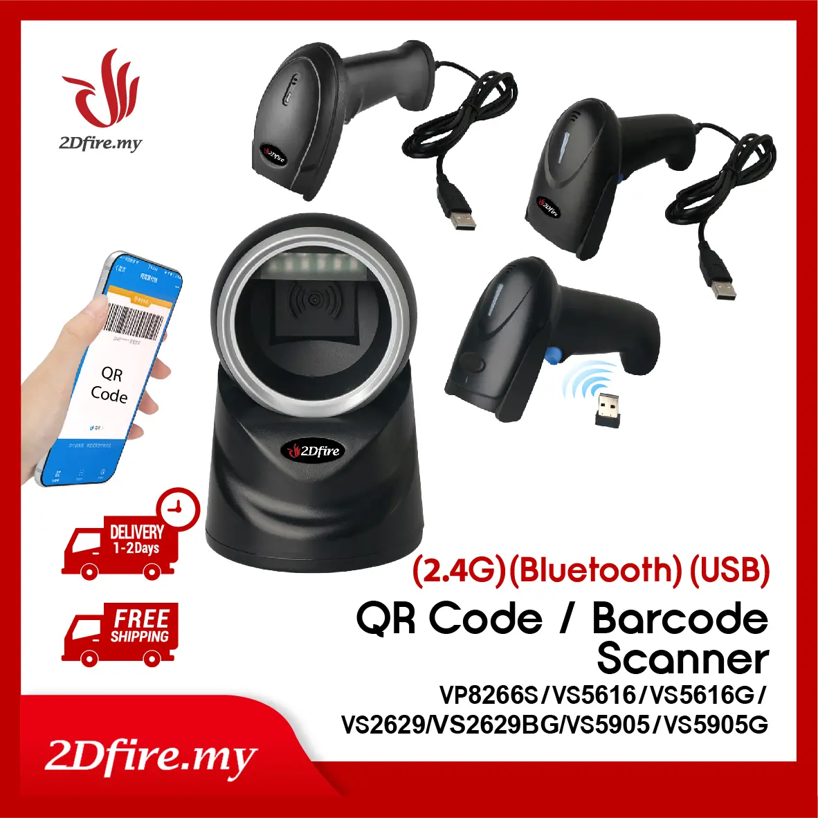 2Dfire USB Bluetooth Barcode QR Code Screen Mobile Payment Wireless Scanner Pos System Pengimbas Kod Bar Kod QR