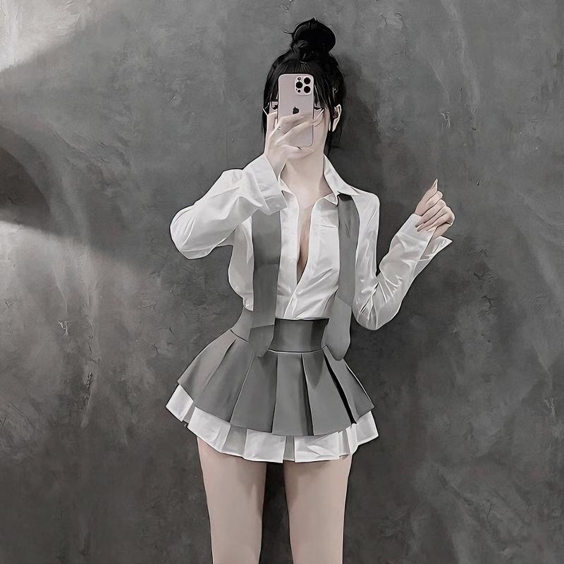 Bộ Áo Sơ Mi Lụa Tay Dài Kèm CaVat Phối “Váy Xếp Ly “ Viền Xoè Nữ Women Dress set váy sơ mi