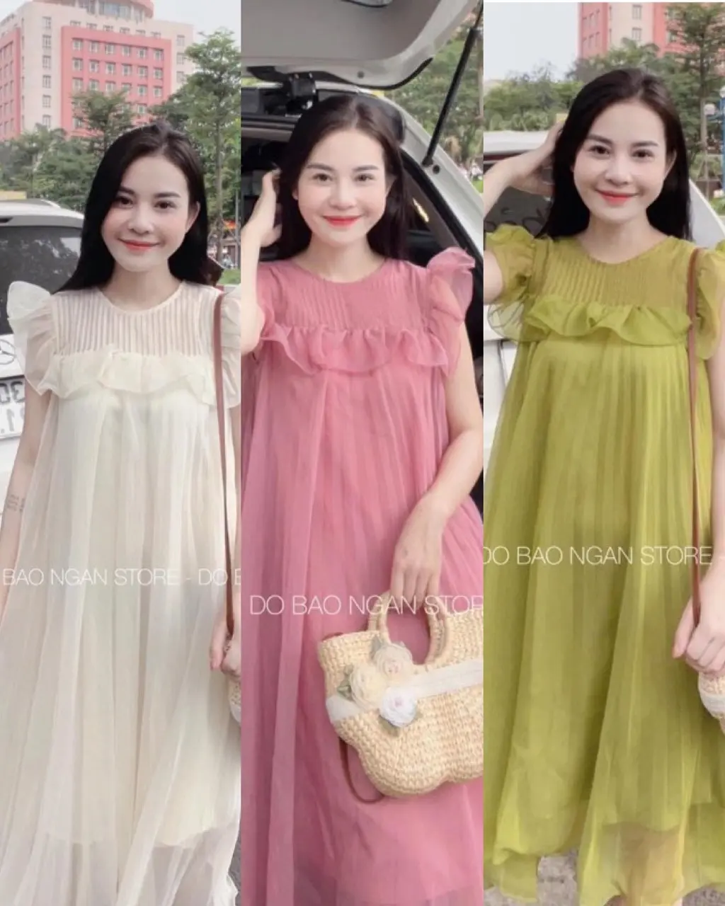 Váy Bầu xinh Siêu hot 3 màu Xanh,hồng,kem  tơ 2 voan lớp thoáng mát thoải mái, dáng xuông,phù hợp đi làm, đi chơi