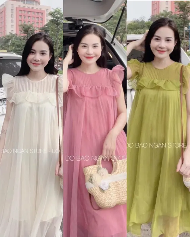 Váy Bầu xinh Siêu hot 3 màu Xanh,hồng,kem  tơ 2 voan lớp thoáng mát thoải mái, dáng xuông,phù hợp đi làm, đi chơi 0