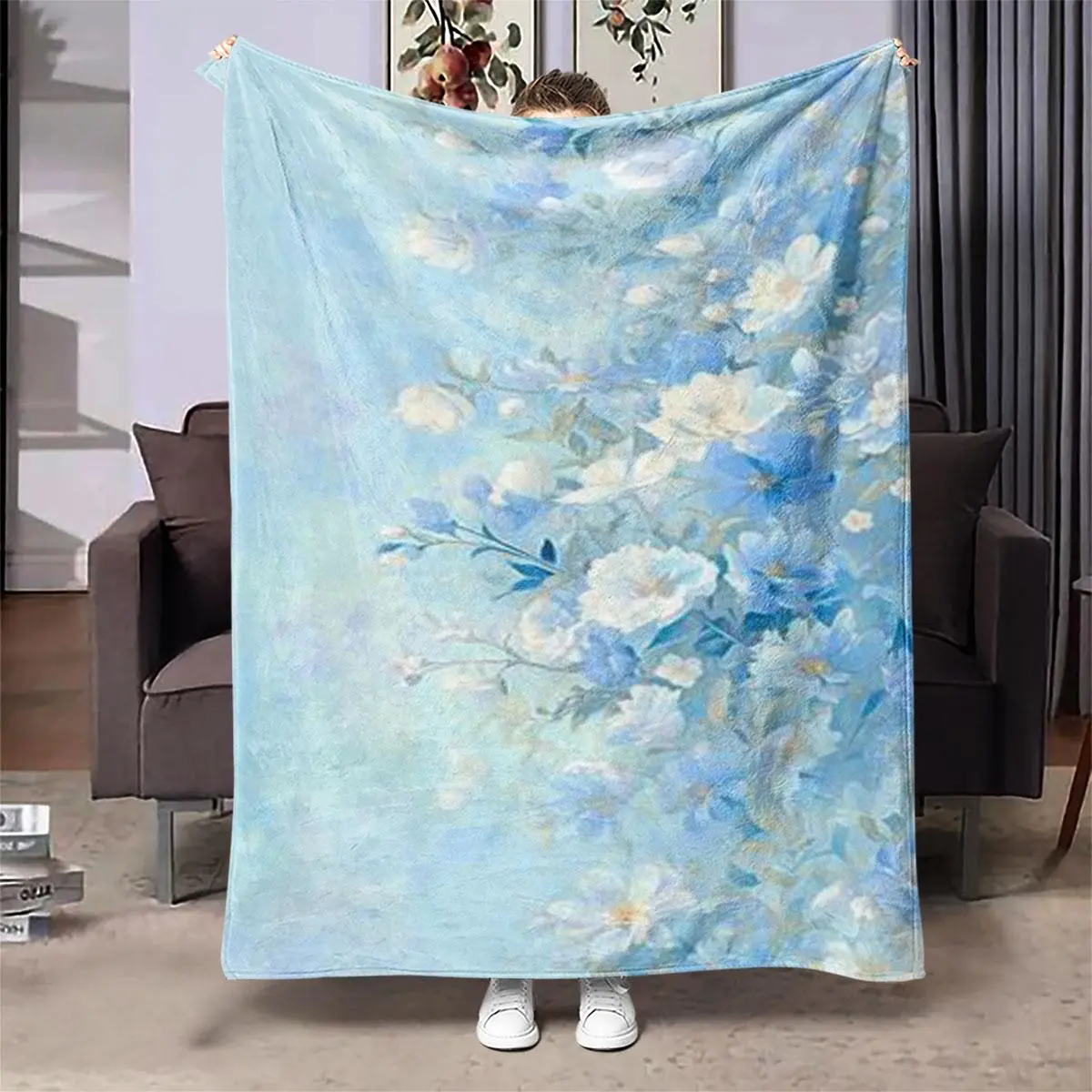 Floral Print Throw Blanket, Soft Comfortable Throw Blanket, Air-conditioned Room Blanket, Warm Nap Blanket for Home & Office