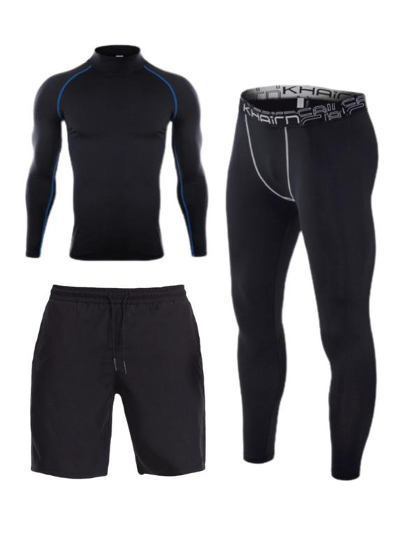 Three-Piece Set Sporty Men's Plain Tracksuit Set, Sport Mock Neck Tee & Drawstring Shorts & Letter Tape Leggings, Men's Sportswear for Gym Workout Running Training 4