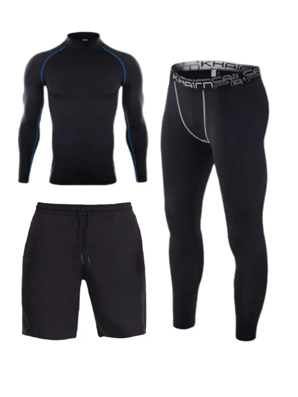 Three-Piece Set Sporty Men's Plain Tracksuit Set, Sport Mock Neck Tee & Drawstring Shorts & Letter Tape Leggings, Men's Sportswear for Gym Workout Running Training 4