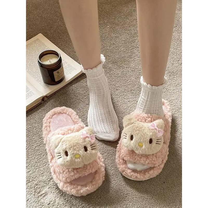 Dép Lông Mịn Hello Kitty, Thiết Kế Hoạt Hình Dễ Thương, Dành Cho Nữ, Có Thể Đeo Ngoài Trời, Hàng Mới Về Mùa Thu Và Mùa Đông, Dép Bông Nhồi Bông Đế Bằng Chống Trượt, Năm 2025 0