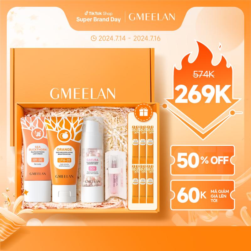 【SUPER BRAND DAY BOX GMEELAN COMBO 6PCS Gel Tẩy Tế Bào Chết 50g+Kem Dưỡng Nách Sakura 30g +Kem lười GLUTA 30g+Xịt khử mùi SAKURA GLUTA 5ml Bodycare+2PCS Serum Astaxanthin(QUẢ TẶNG)