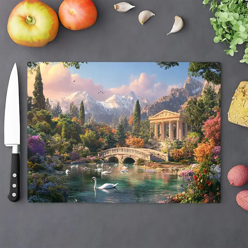 Product Introduction of Landscape Pattern Kitchen Chopping Board, 1 Count Non-slip Heat Resistant Cutting Board with Handle, Kitchen Decorative Placemat 0