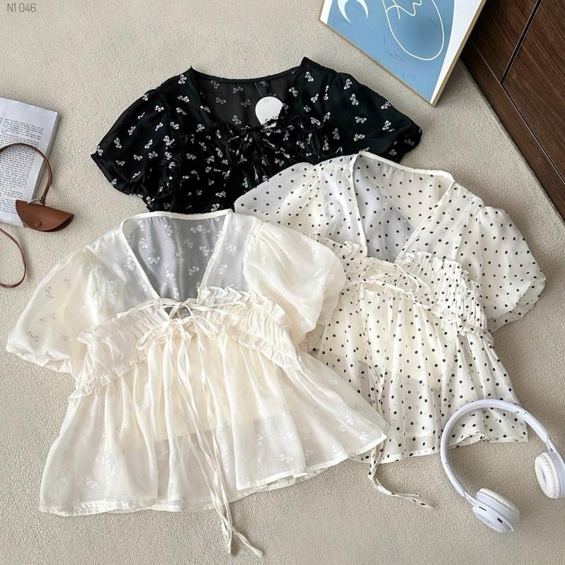  Kèm áo ống  Áo babydoll cổ V voan tơ hoạ tiết áo kiểu nữ nhún viền buộc nơ Salavi N1 046 