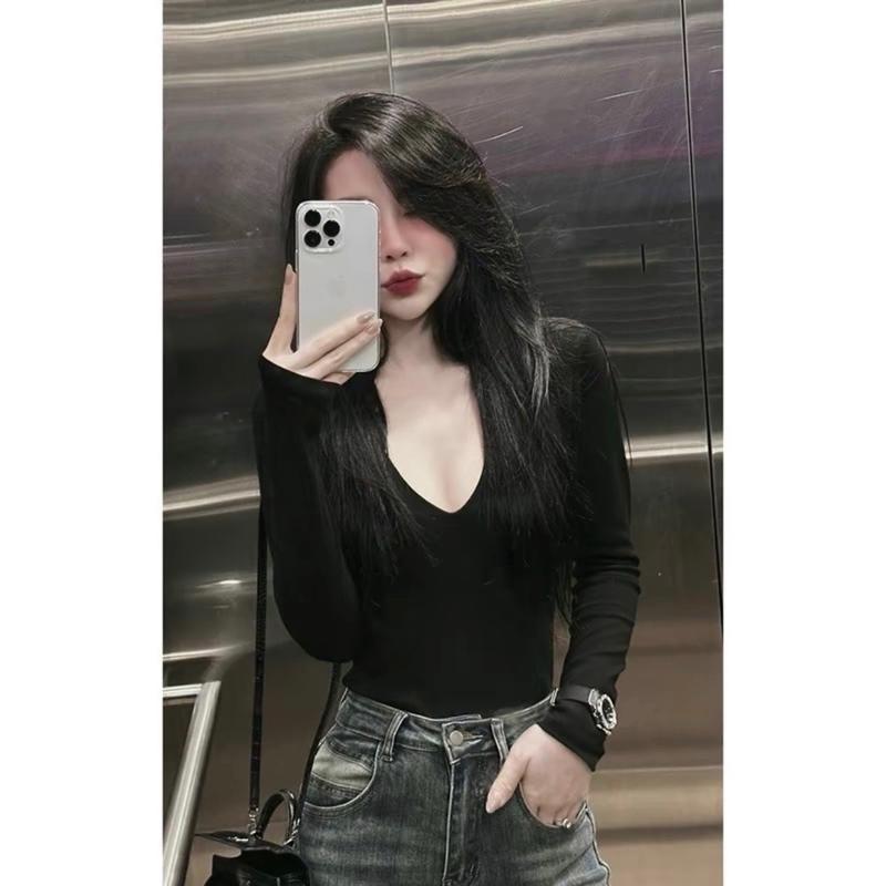Áo thun nữ xinh cổ tim hai lớp tay dài thun coton lụa mỏng mịn mát co giãn bốn chiều - Women, Top - Voi, có phụ kiện nơ bướm 1